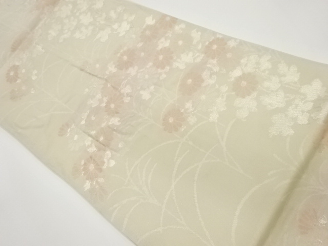 紗 銀糸薄に菊模様織出し袋帯